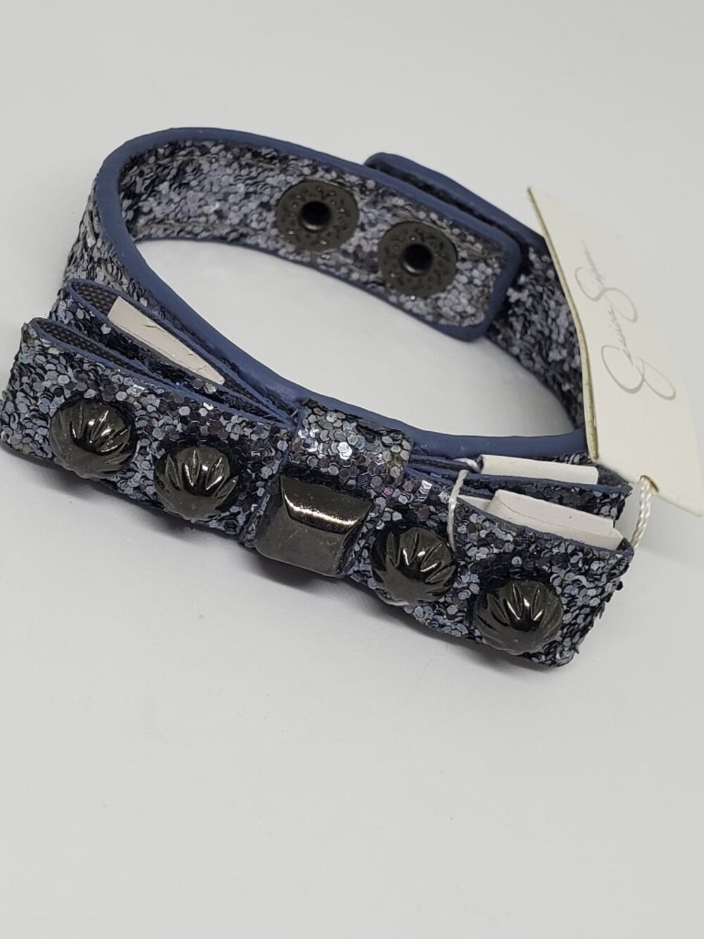 NWT Jessica Simpson Blue Glitter Studded 3D Bow Snap Close Bracelet